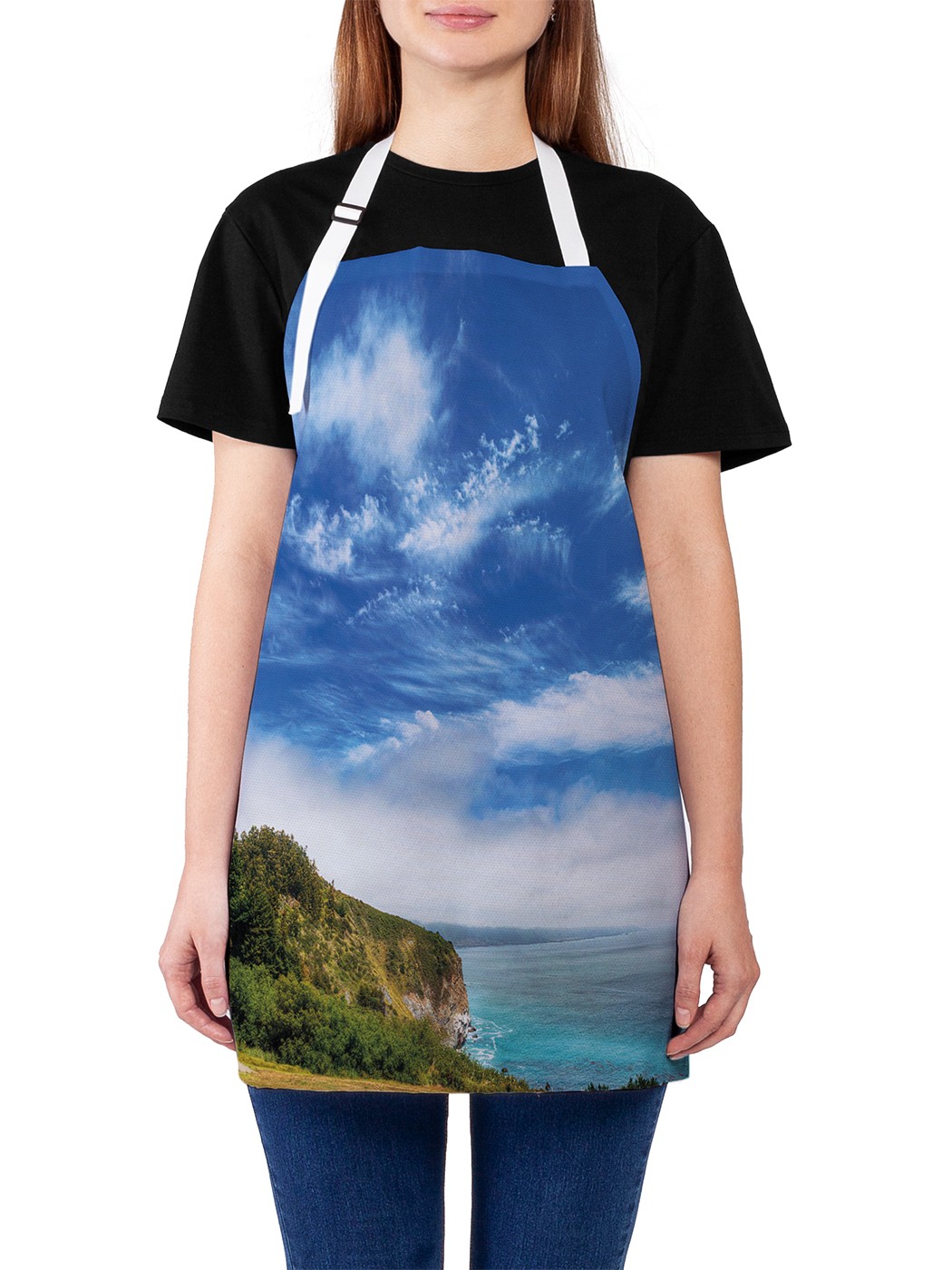 

Фартук женский JoyArty для готовки "Перистые облака над берегом", универсальный размер, Голубой