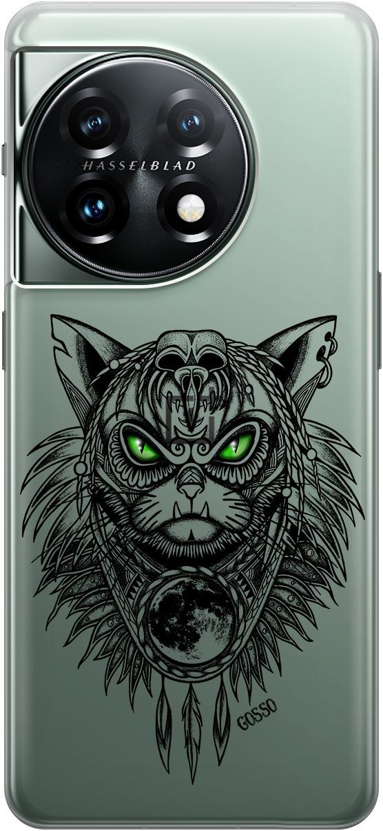 

Силиконовый чехол на OnePlus 11 с 3D принтом "Shaman Cat" прозрачный, Прозрачный;черный, 159476