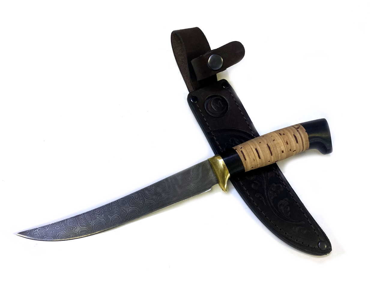 Нож Семин Кухонный Филейный средний, дамасская сталь, рукоять из бересты и черного дерева