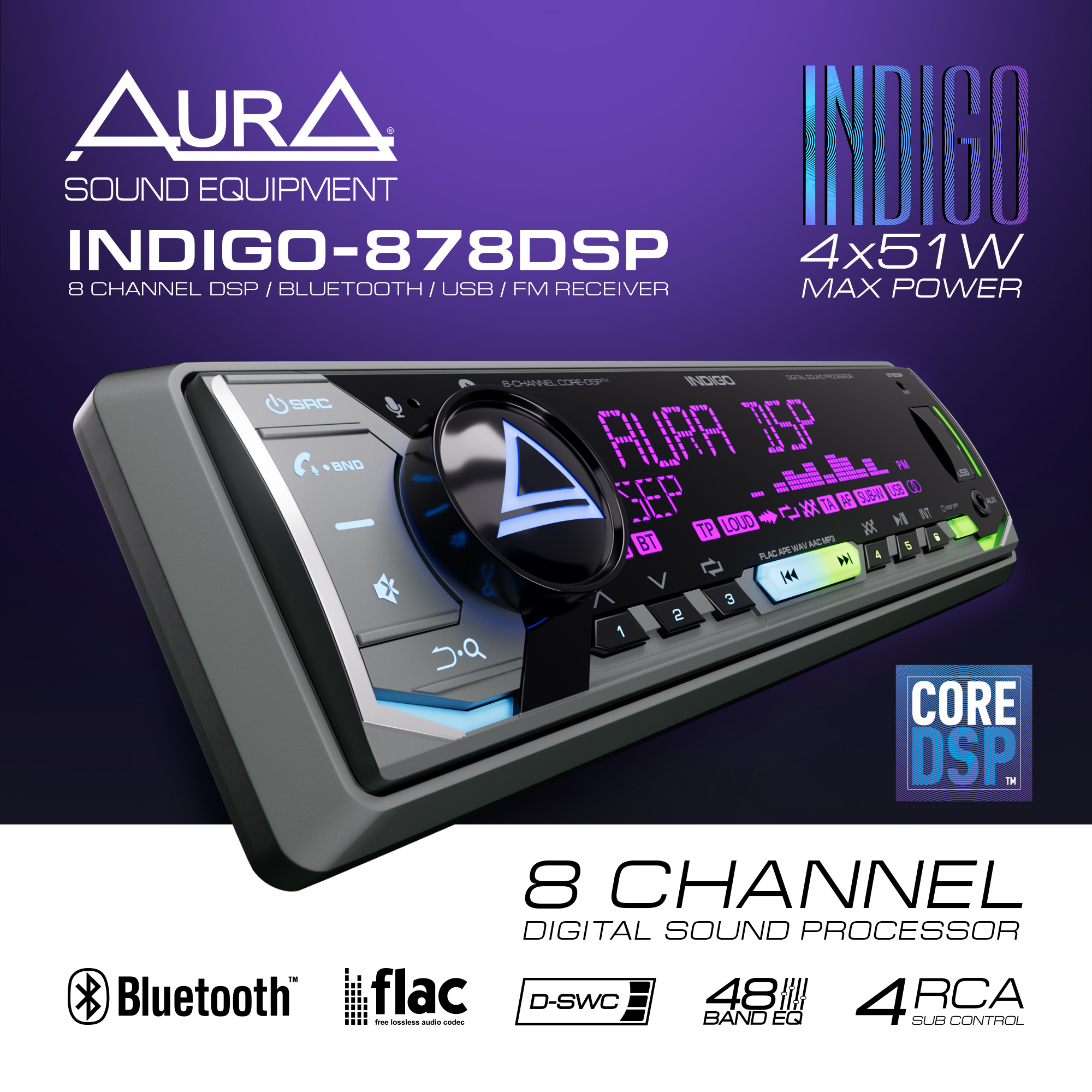 Автомобильный 8-канальный ресивер AurA INDIGO-878DSP