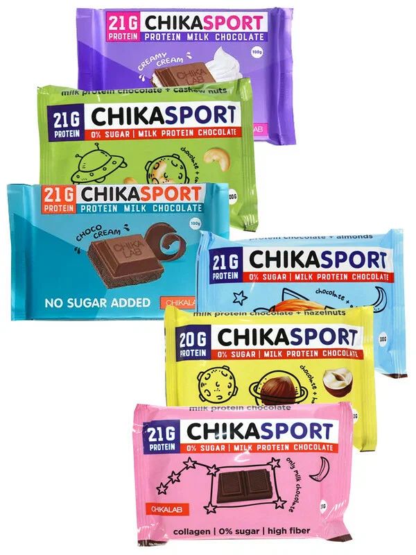 

Молочный шоколад Bombbar CHIKA SPORT Ассорти 6х100г (Начинка сливки, шоколад, орехи), CHIKA SPORT Молочный шоколад Ассорти 6х100г (С начинкой слив и шок, фунд, минд, кешью, мол)