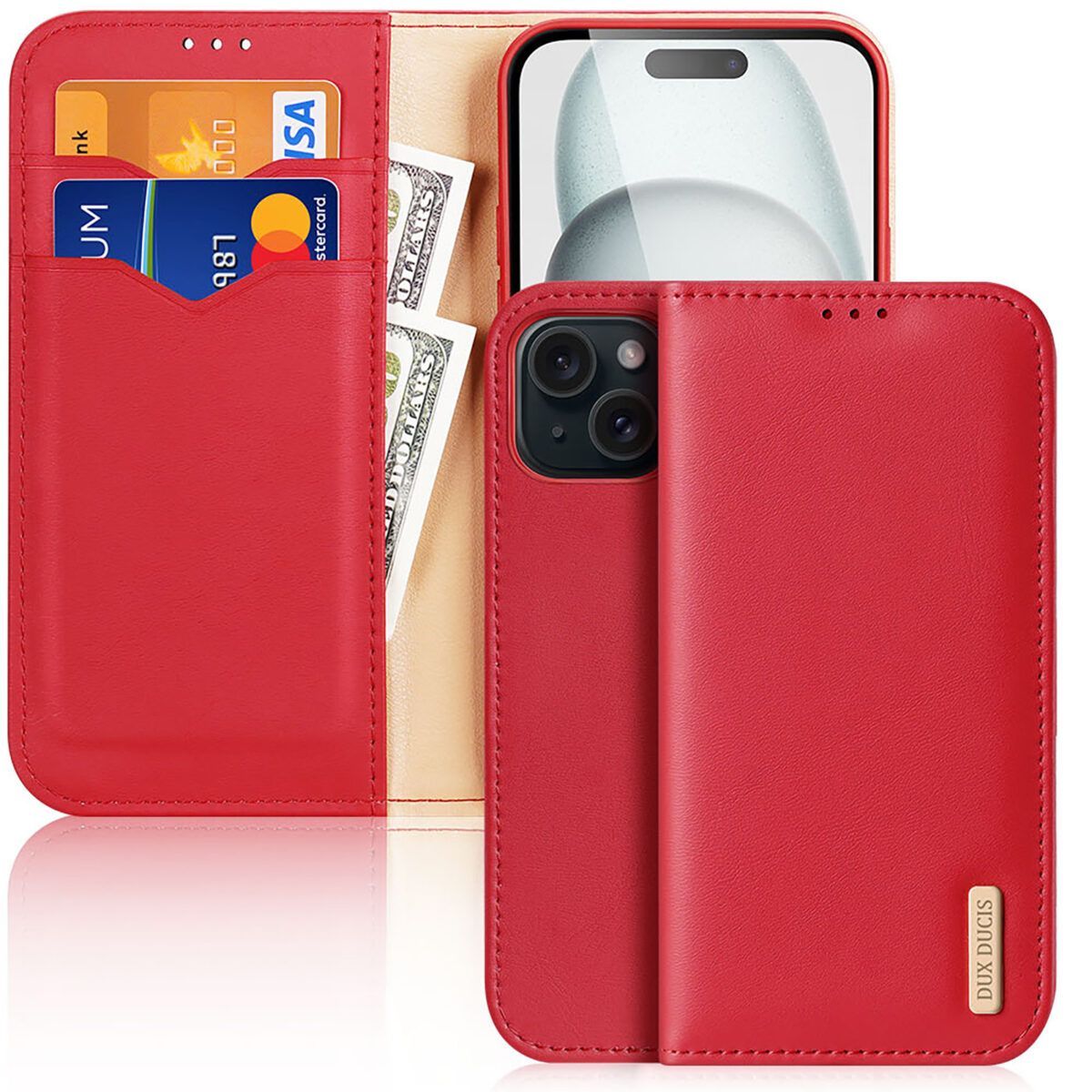 

Чехол бумажник из натуральной кожи Dux Ducis для iPhone 15, Hivo series красный, DD 15