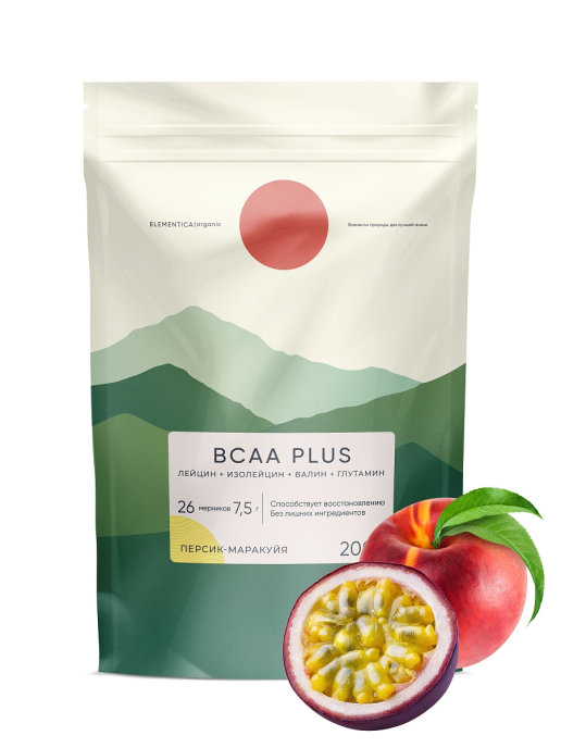 фото Смесь для приготовления напитков elementica "bcaa plus" со вкусом "персик-маракуйя", 0,2кг