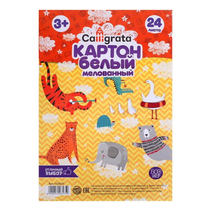 

Картон белый А4, 24 листа, односторонний, мелованный, 240 г/м2, в термоусадочной плёнке