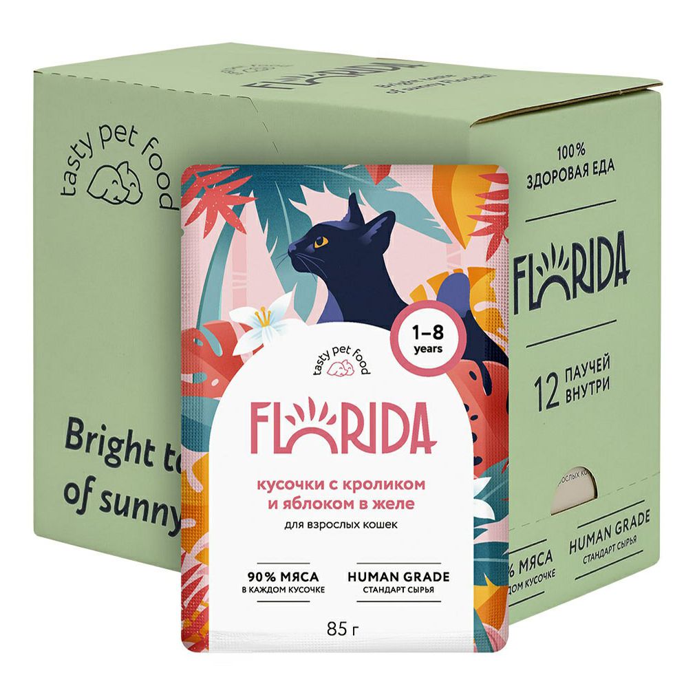 

Влажный корм для кошек Florida кусочки с кроликом и яблоко, 12 шт по 85 г