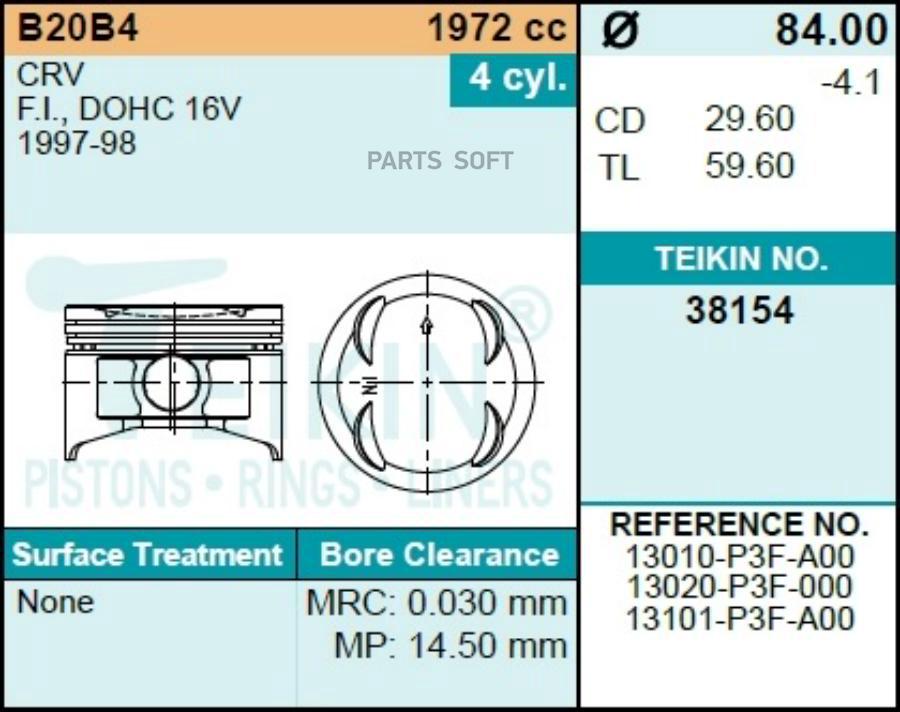 

Поршни (К-Т 4 Шт) Honda S-Mx/Stepwgn/Cr-V Rd1 B20b 97- TEIKIN арт. 38154 STD