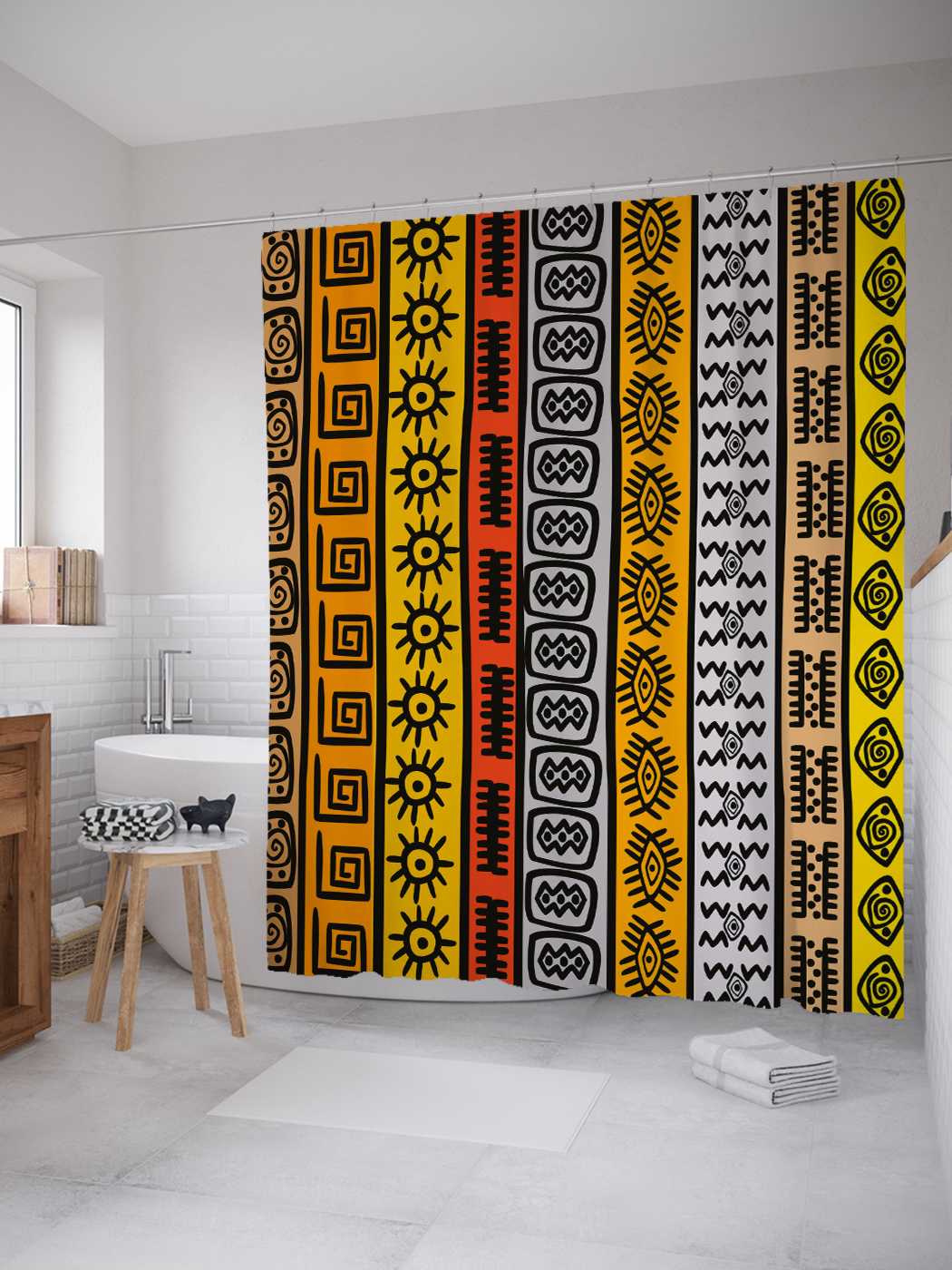 

Штора для ванной JoyArty "Полосы с фигурками" из сатена, 180х200 см с крючками, Желтый