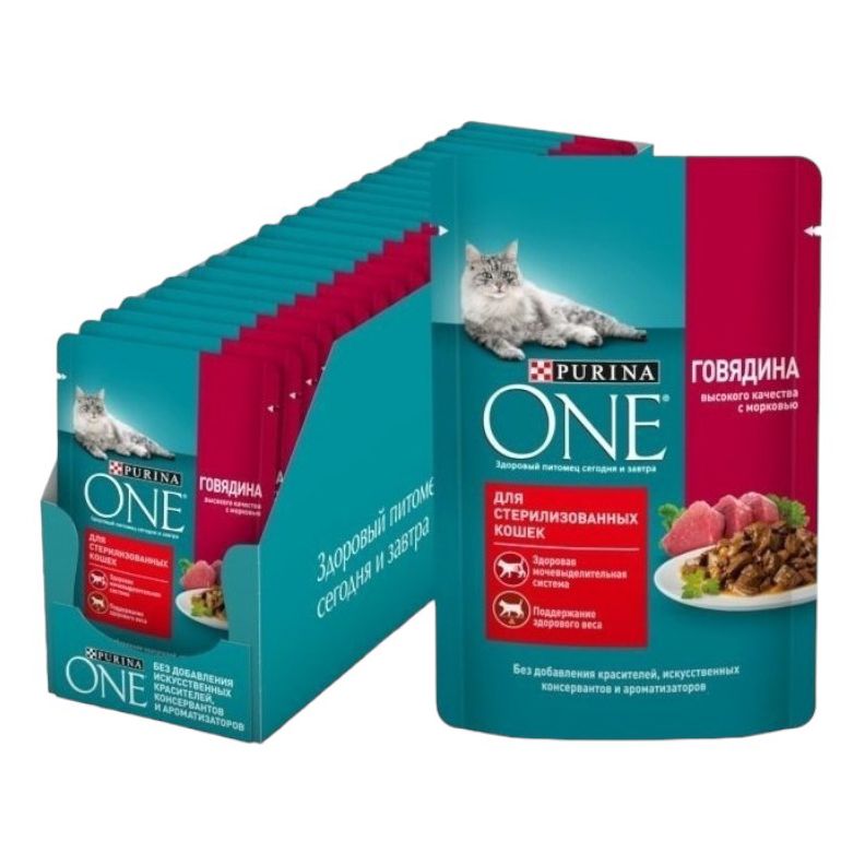 Влажный корм Purina One с говядиной для стерилизованных кошек 75 г х 26 шт 960₽