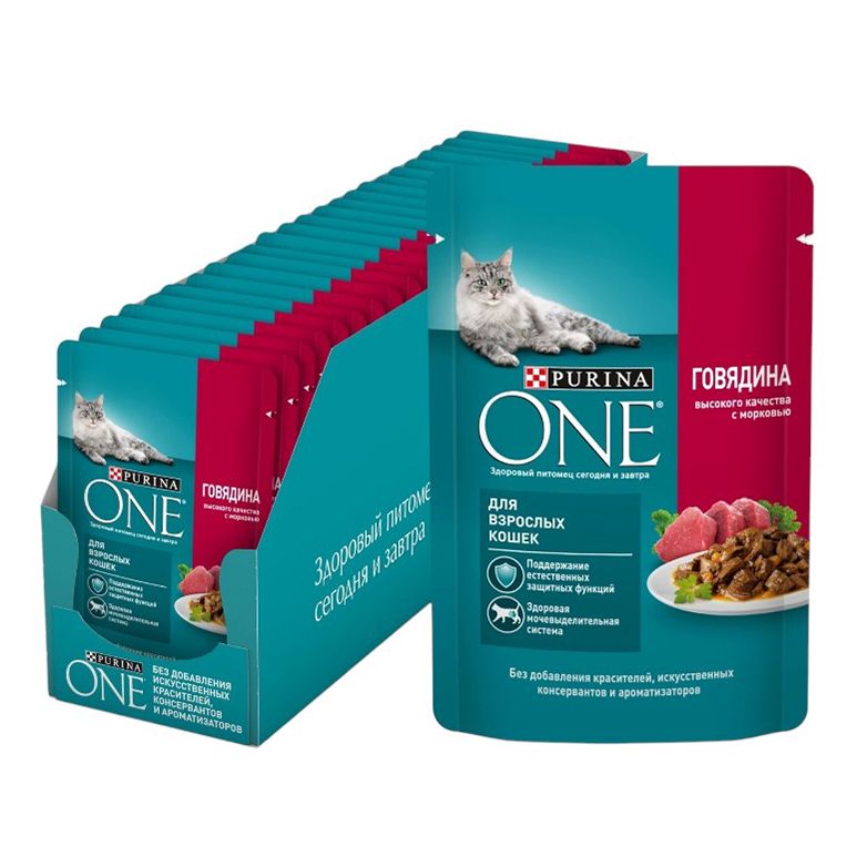 Влажный корм Purina One с говядиной для взрослых кошек 75 г х 26 шт 986₽