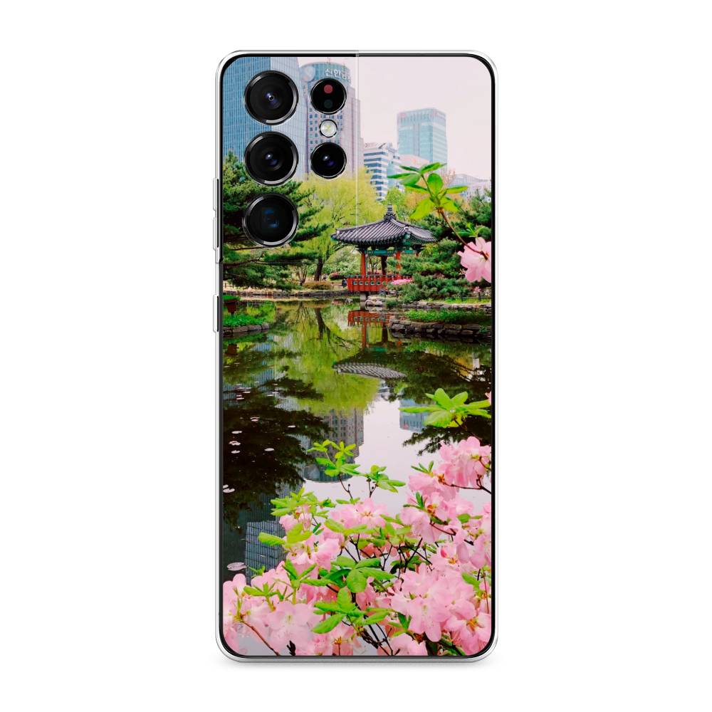 

Чехол на Samsung Galaxy S21 Ultra "Сакура возле озера", Зеленый;розовый;голубой, 2102250-2