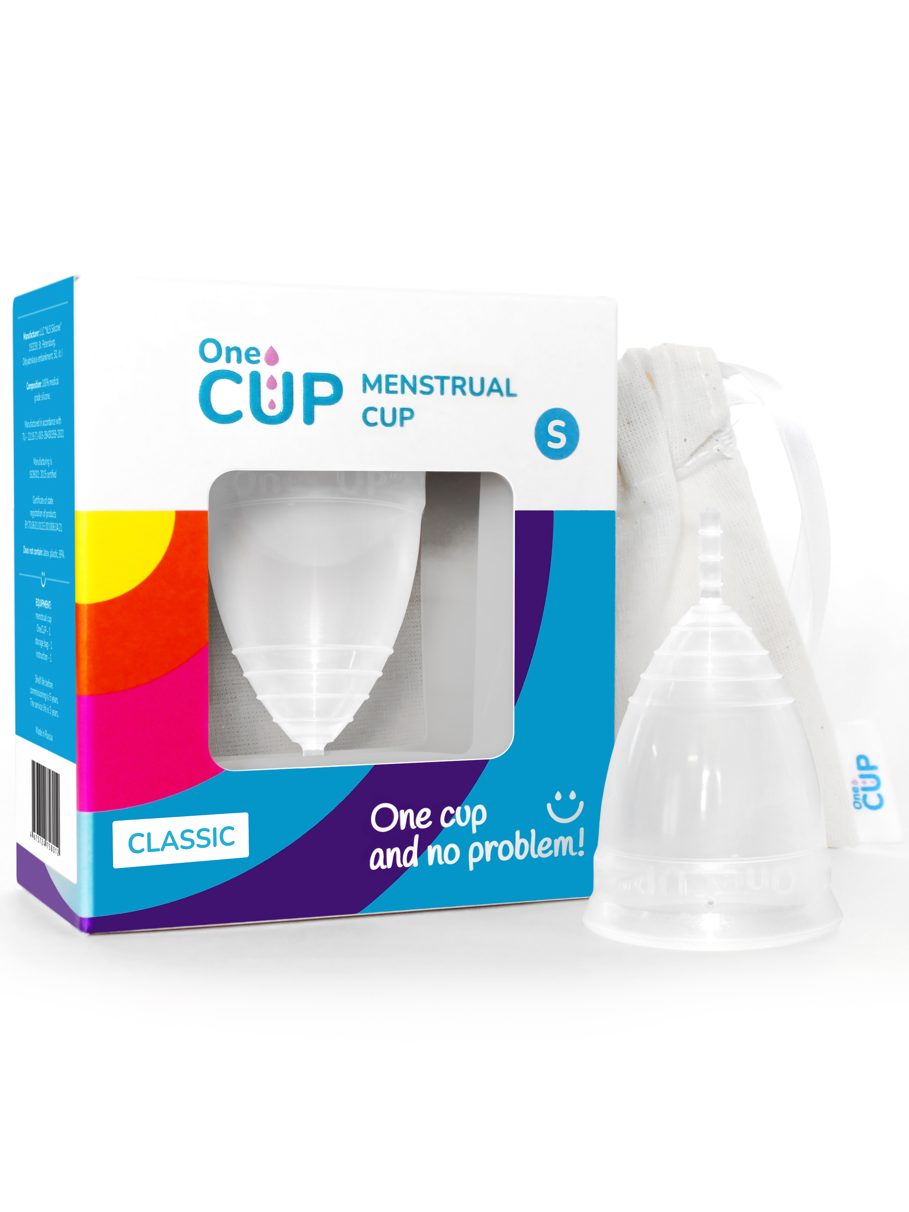 Менструальная чаша OneCUP Classic прозрачная размер S сказки на русском и французском языках