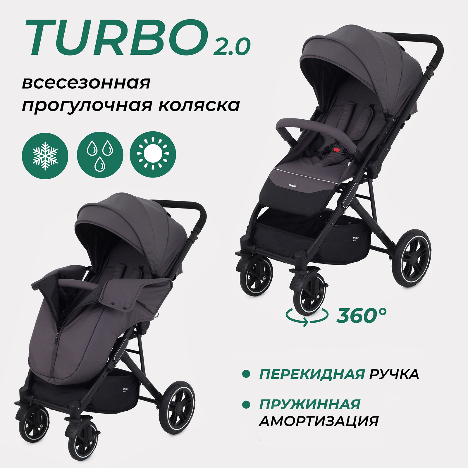 Коляска детская прогулочная MOWBaby TURBO 2.0 MB021 Carbon, 6м+