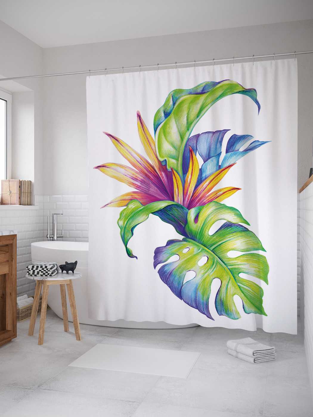 

Штора для ванной JoyArty "Тропический цветок" из сатена, 180х200 см с крючками, Белый