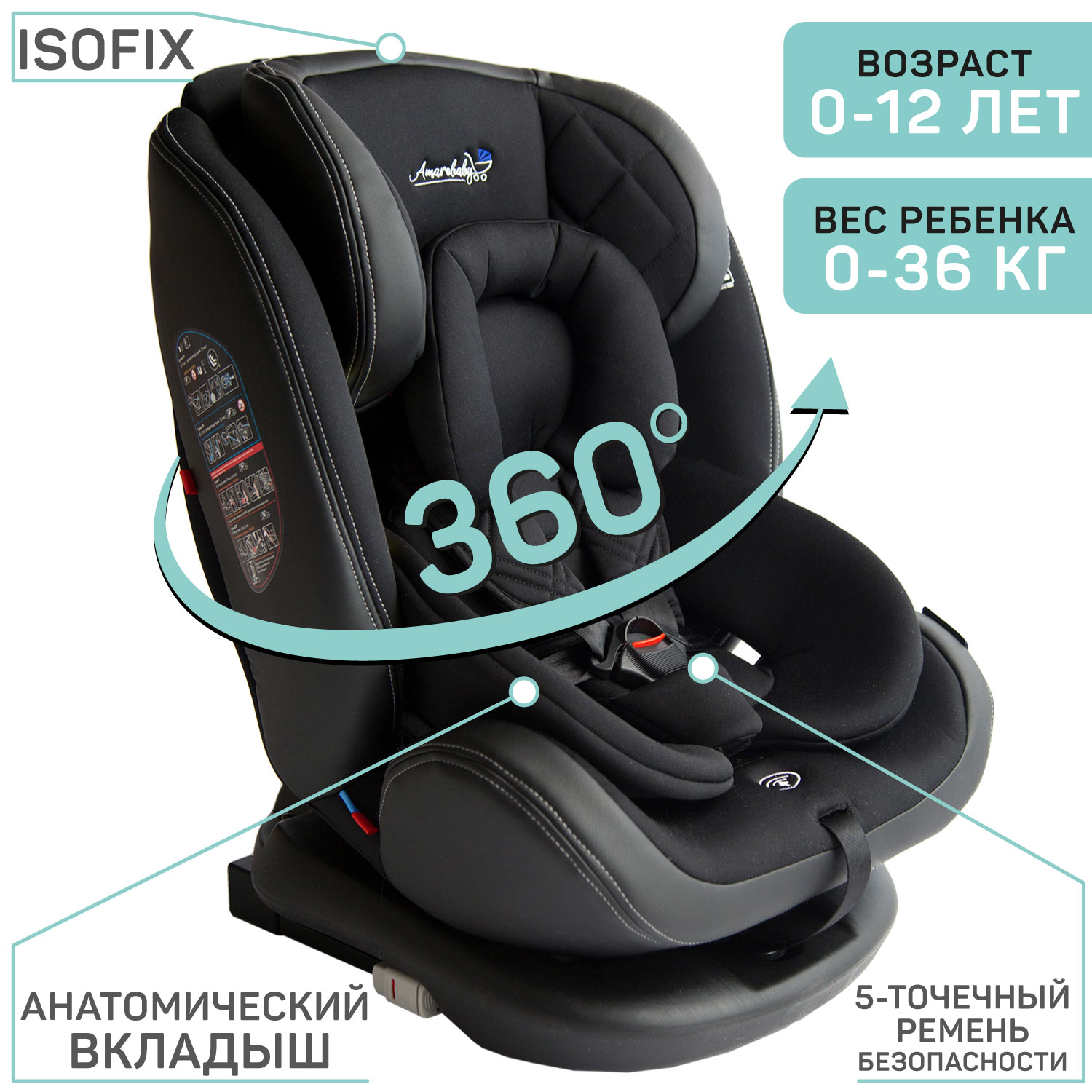 Автокресло детское AMAROBABY ST-3, Isofix класс D, 0+/1/2/3, 0-12 лет, 0-36 кг