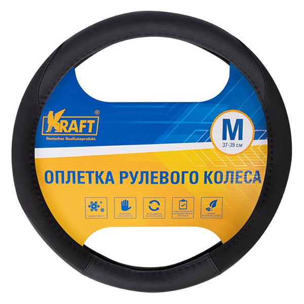 

Оплетка на руль KRAFT KT 800338, диаметр 38см, размер M, экокожа/замша, черный