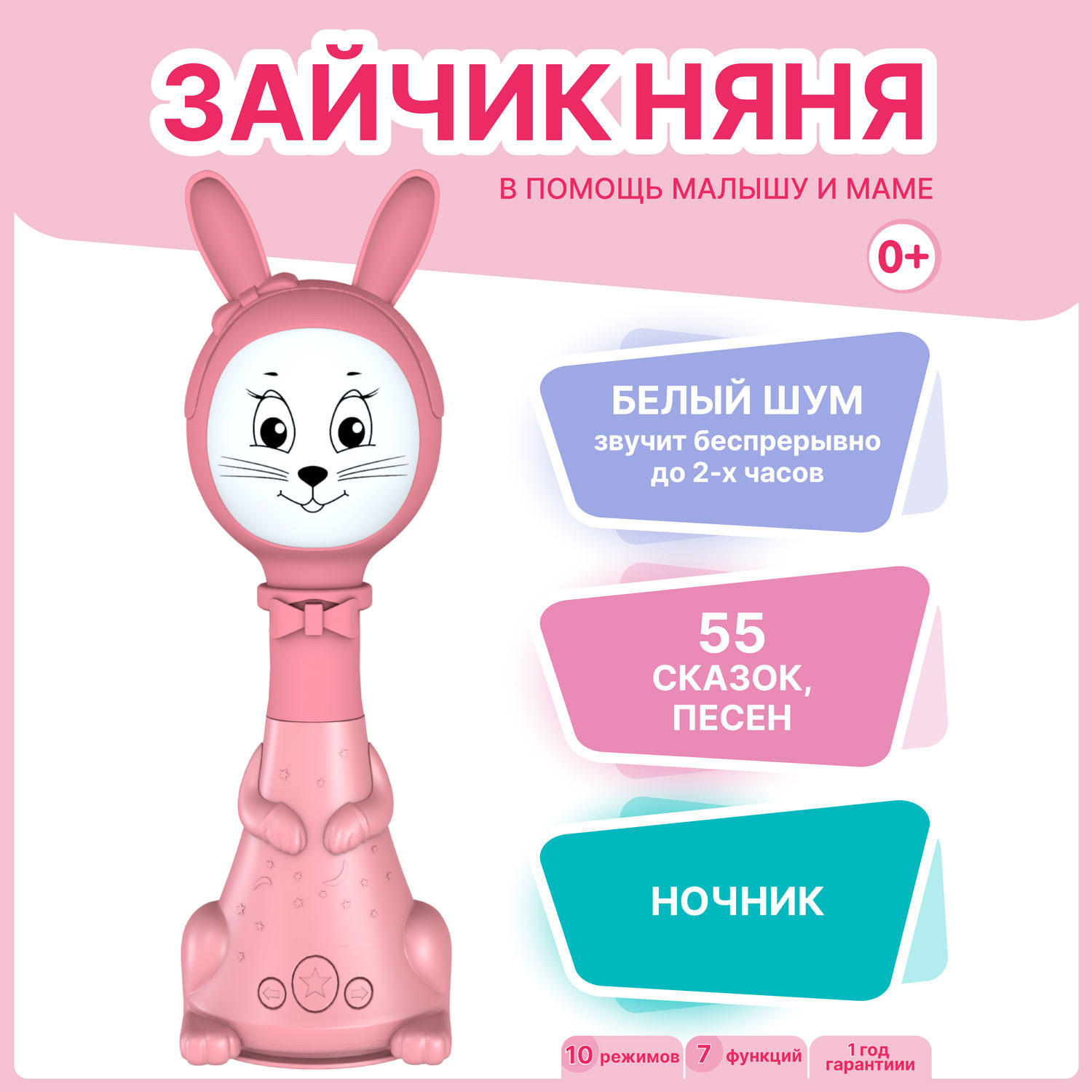 Интерактивная развивающая игрушка для малышей BertToys Зайчик Няня FD125/Розовый интерактивная игрушка berttoys зайчик няня с белым шумом и погремушкой