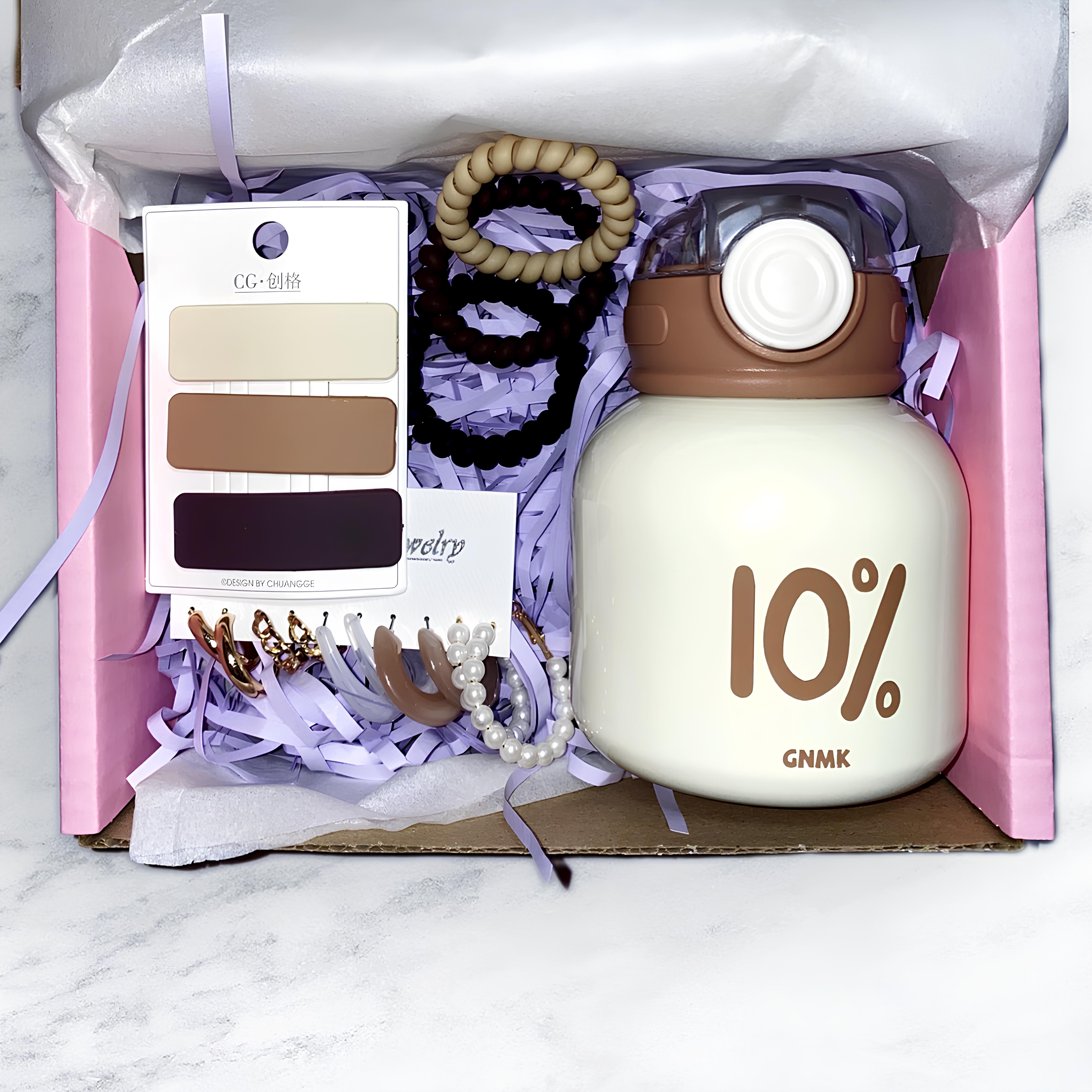 Подарочный бокс для девушки Belveder box Натурель: термос, заколки, резинки, сережки