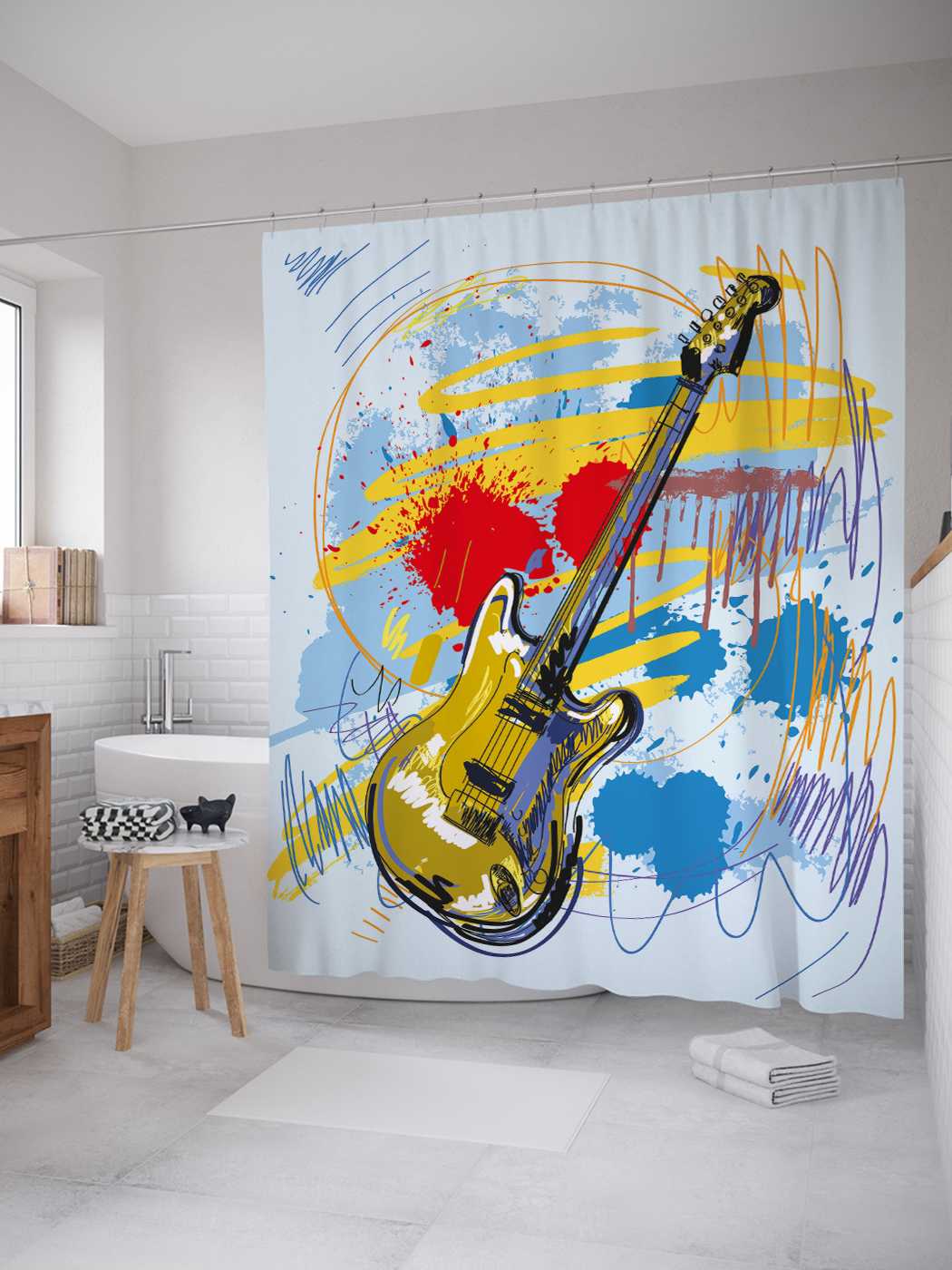 

Штора для ванной JoyArty "Игра гитары" из сатена, 180х200 см с крючками, Голубой