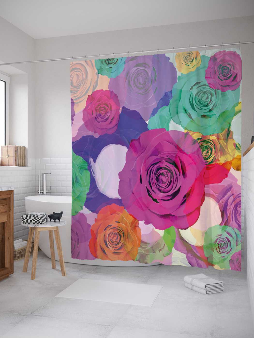 

Штора для ванной JoyArty "Цветные розы" из сатена, 180х200 см с крючками, Фиолетовый