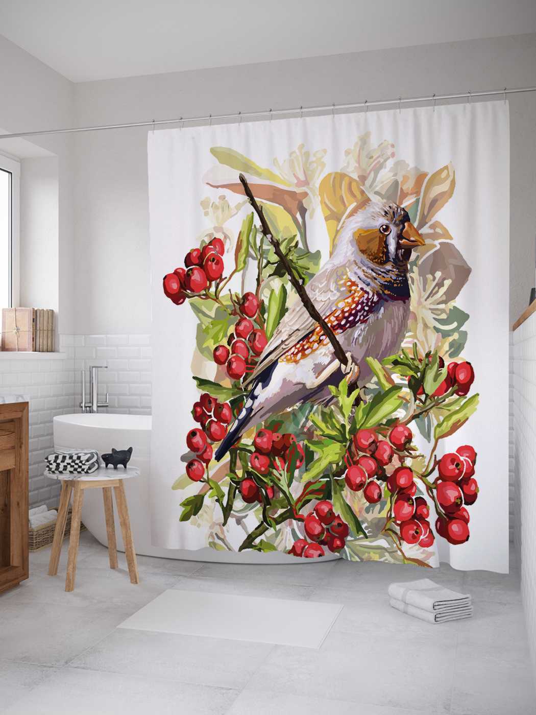 

Штора для ванной JoyArty "Птичка на рябиновой ветке" из сатена, 180х200 см с крючками, Белый