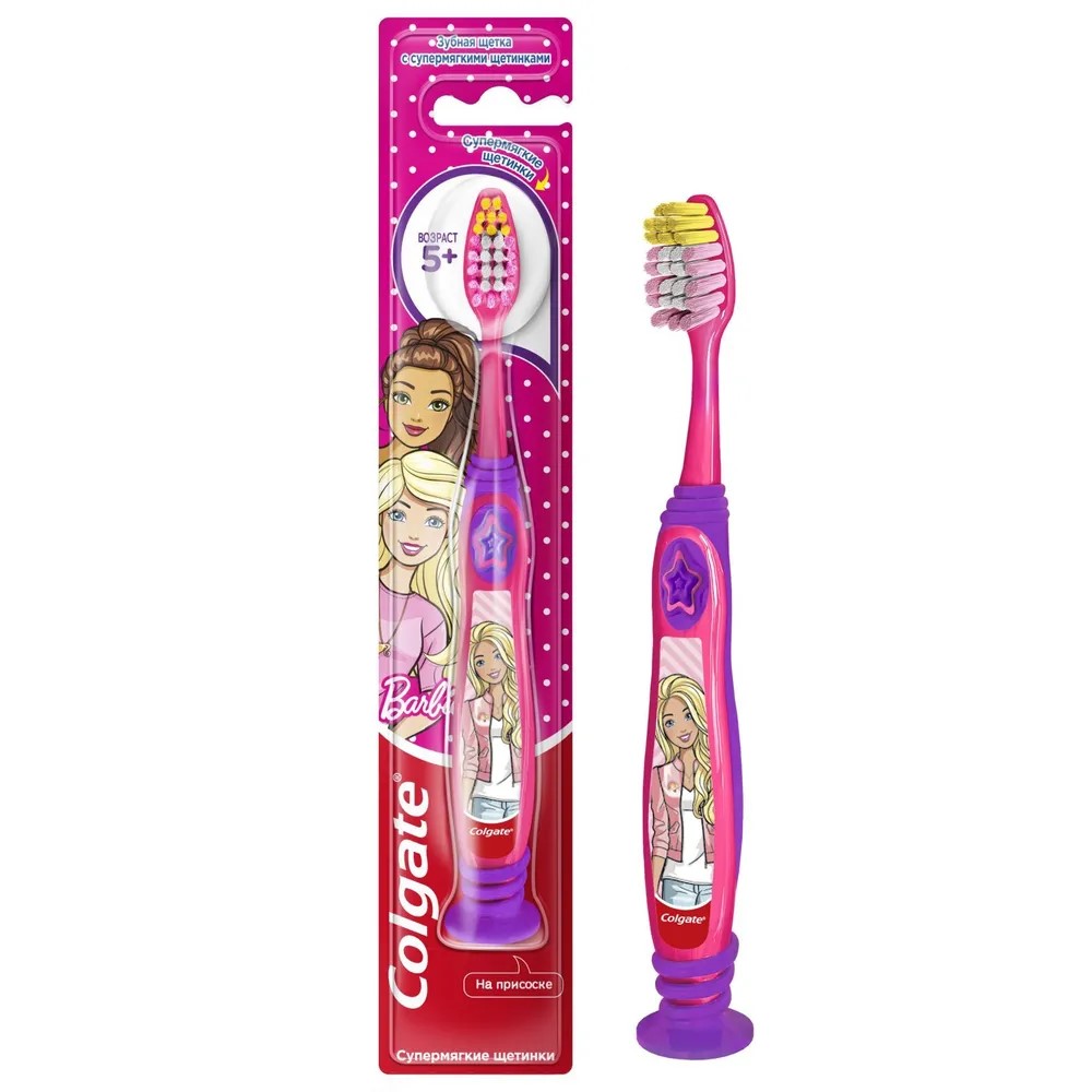 

Детская зубная щетка Colgat Barbie 5+ розовая на присоске, Розовый, Детская зубная щетка