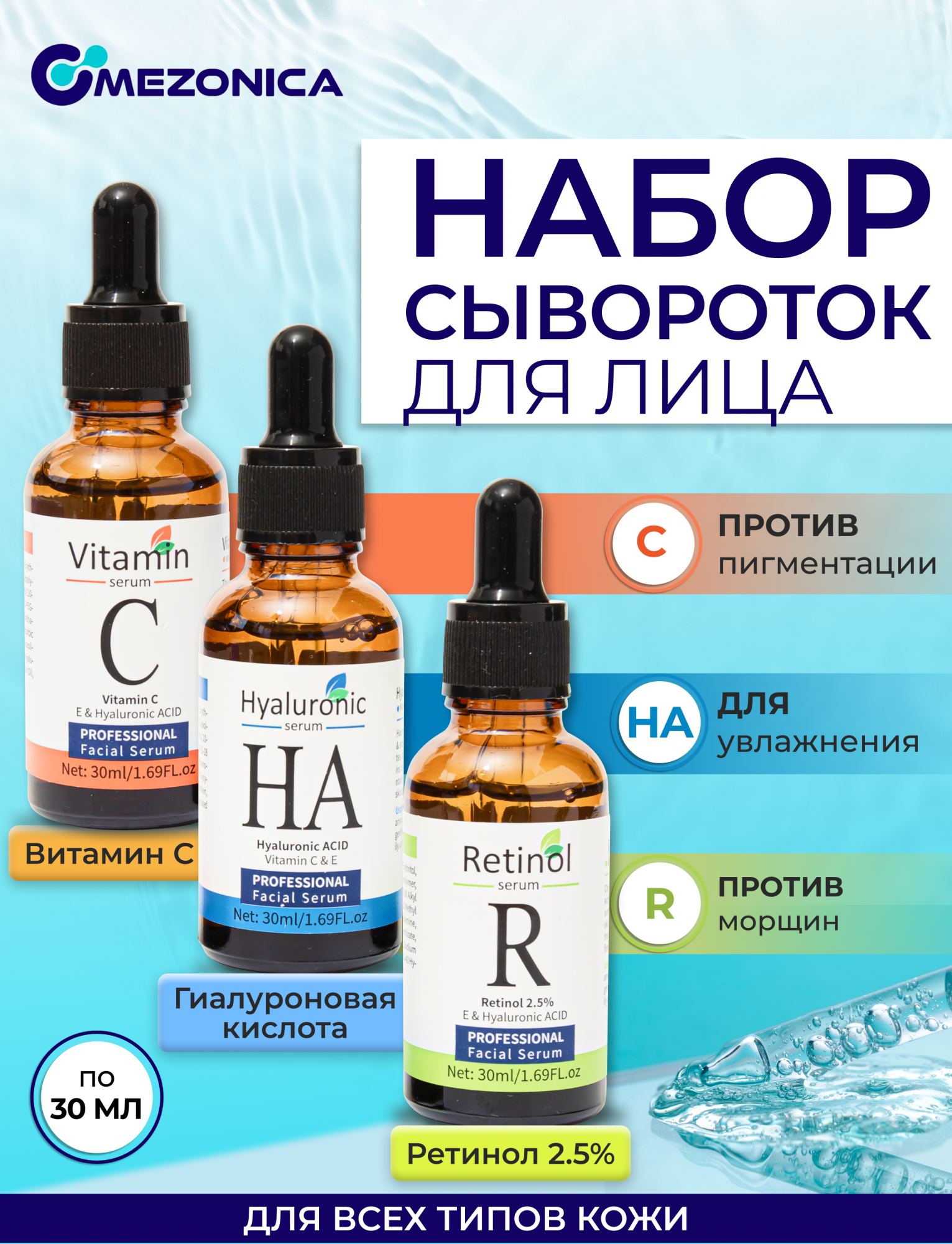 Сыворотка Mezonica Face serum set Hyaluronic Acid + Vitamin C + Retinol 2.5% для лица