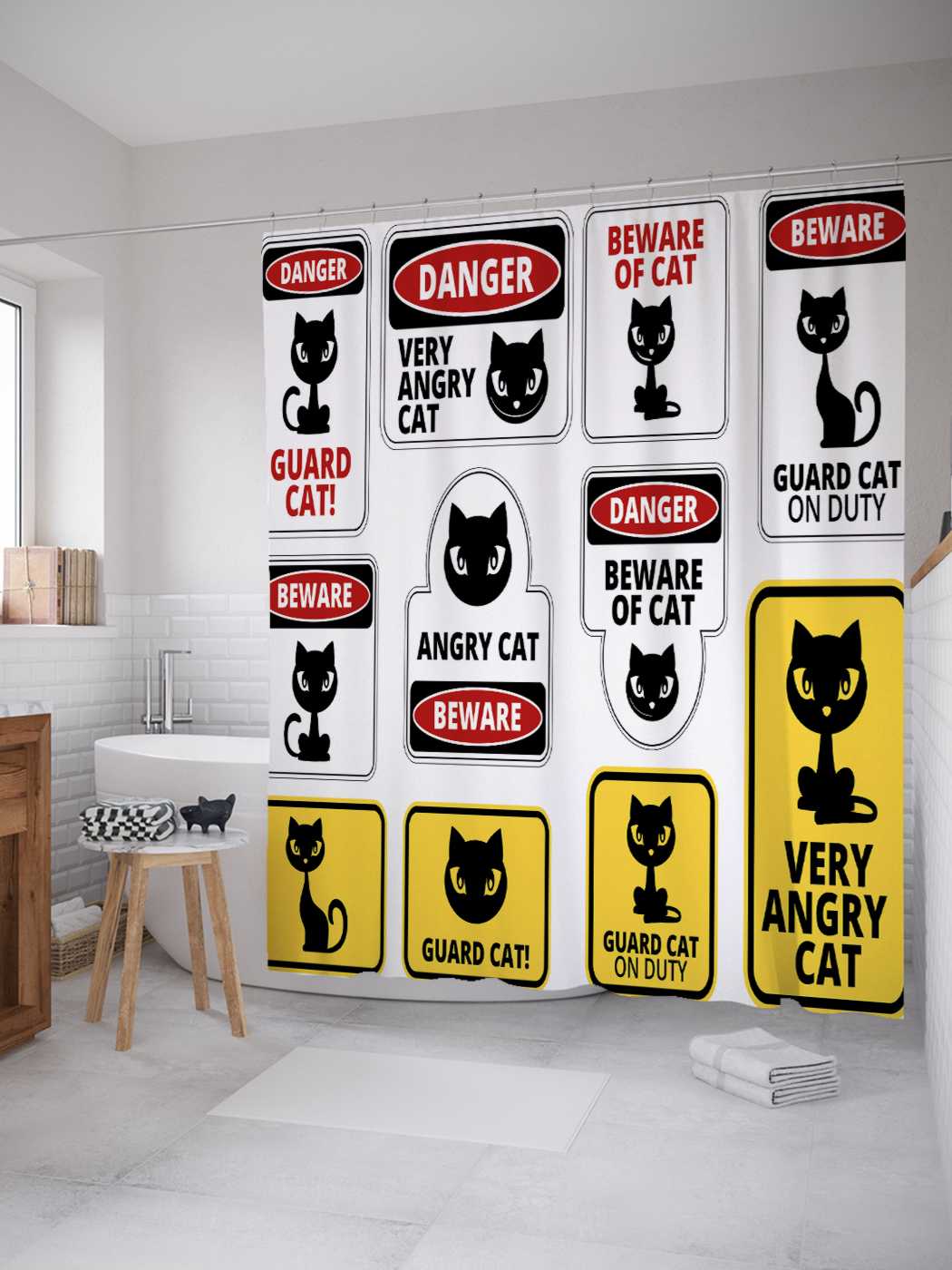 

Штора для ванной JoyArty "Очень голодный кот" из сатена, 180х200 см с крючками, Желтый;белый