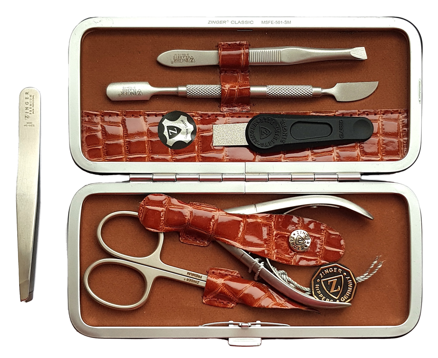 Маникюрный набор Premium-качества Zinger MSFE-501-3 SM, 5 предметов + пинцет, коричневый