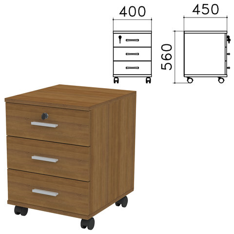 Тумба подкатная Канц, 400х450х560 мм, 3 ящика, замок, цвет орех пирамидальный, ТК29.9