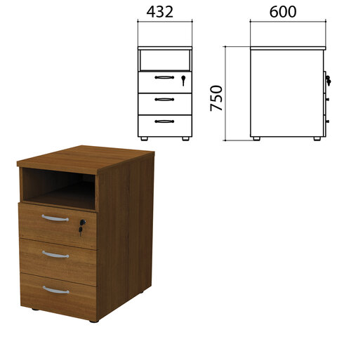 фото Тумба приставная этюд, 432х600х750 мм, 3 ящика, замок, полка, орех, 400065-190