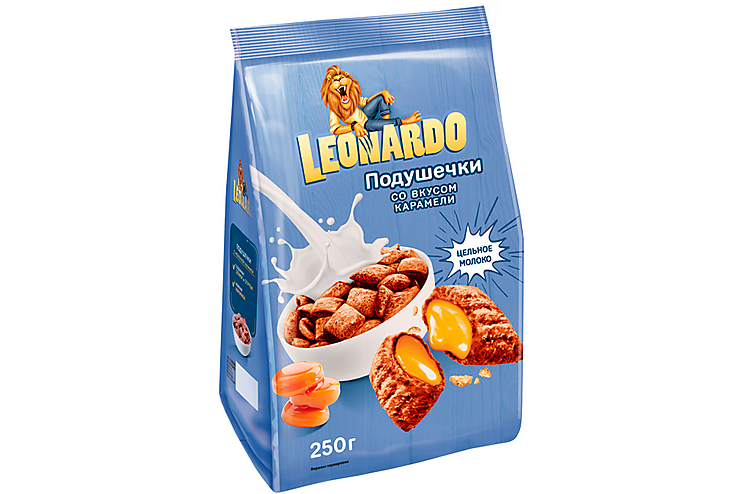 Leonardo, готовый завтрак Подушечки со вкусом карамели, 250 г, (3шт.)