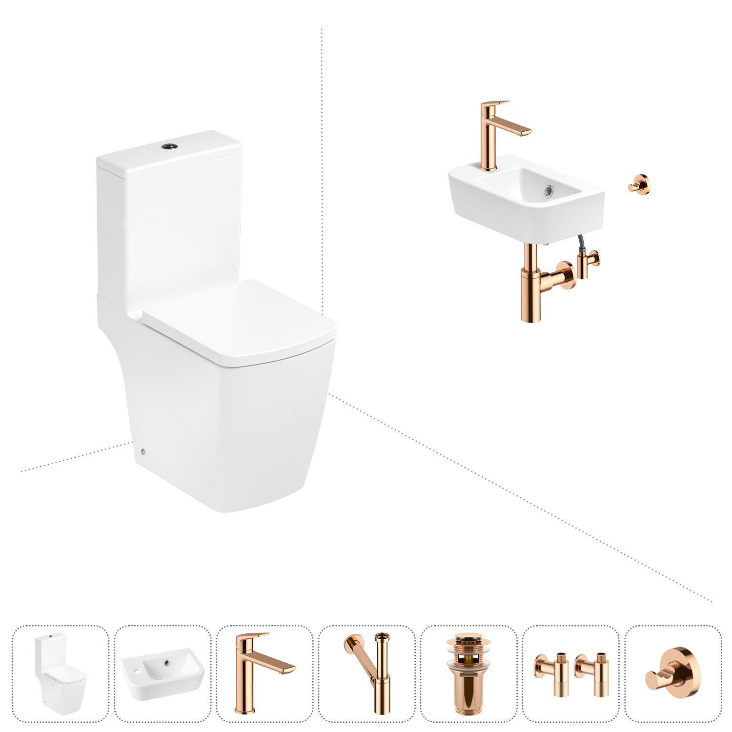 

Безободковый напольный унитаз Lavinia Boho Aveo Compacto Rimless 202008828 в наборе 7 в 1, Белый, Набор для туалета_Aveo_3306202R_левсторонняя раковина_ 7 в 1