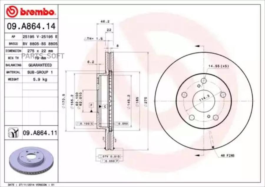 

Тормозной диск brembo передний для Toyota Auris, Corolla 2007- 09a86414