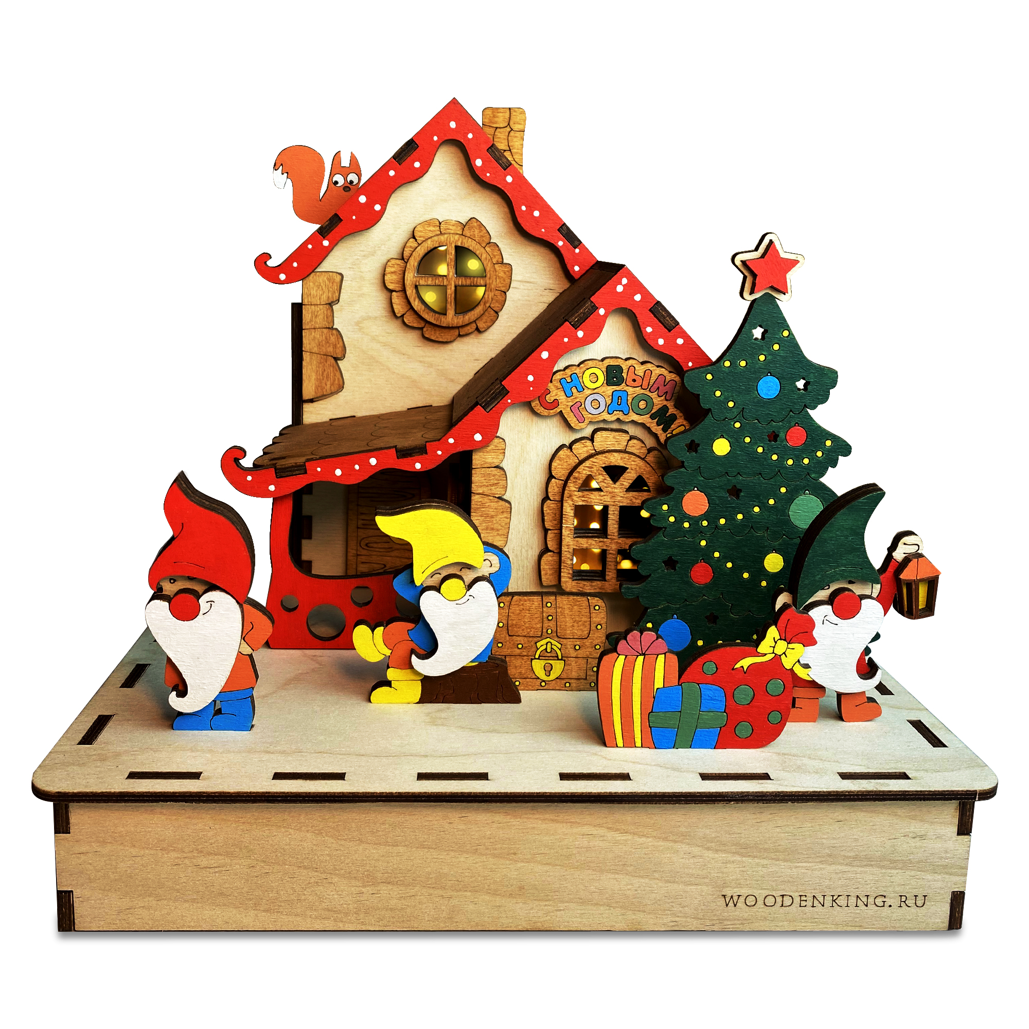 фото Новогодний домик woodenking деревянный конструктор с гномами и подсветкой