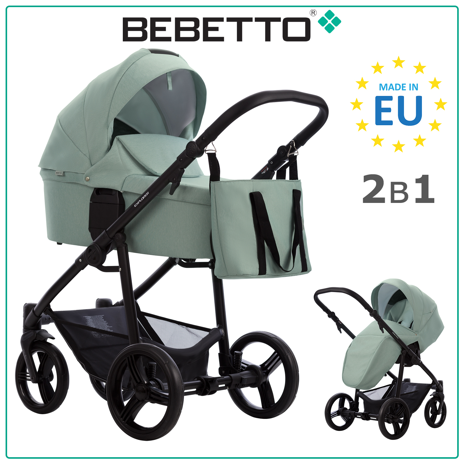 Детская коляска 2 в 1 Bebetto Explorer AIR LUX 02, светло-мятный, рама черная cam ремни безопасности для люльки kit auto