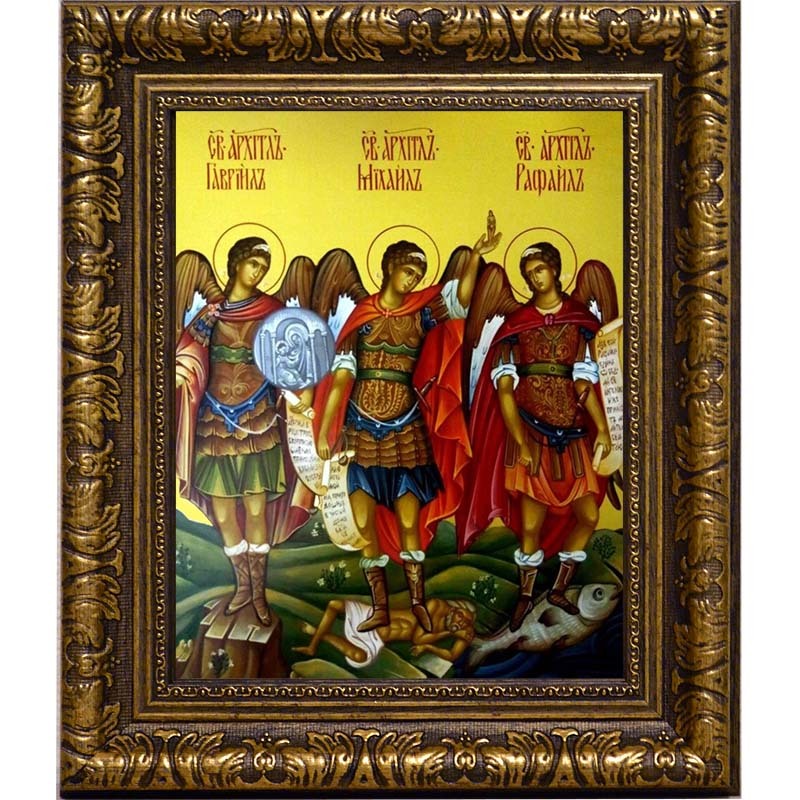 

Икона архангелов Михаила, Гавриила и Рафаила на холсте.