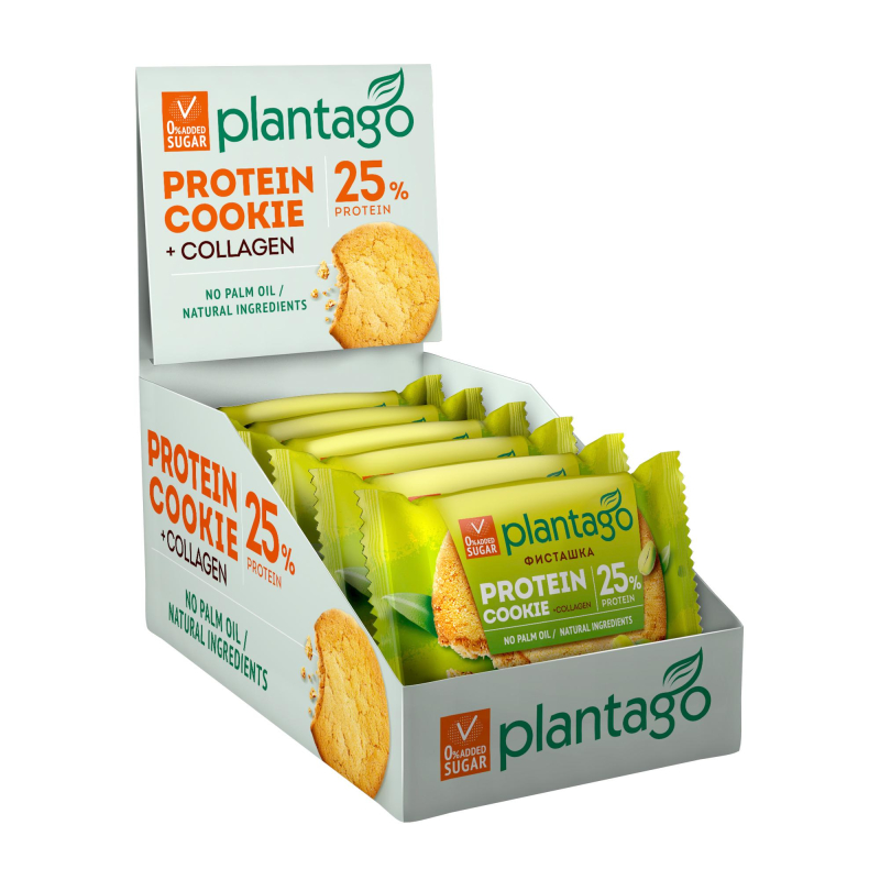 Печенье Plantago Protein Cookie Фист. с выс.сод.бел.25%, коллаг.,40гх9шт/уп