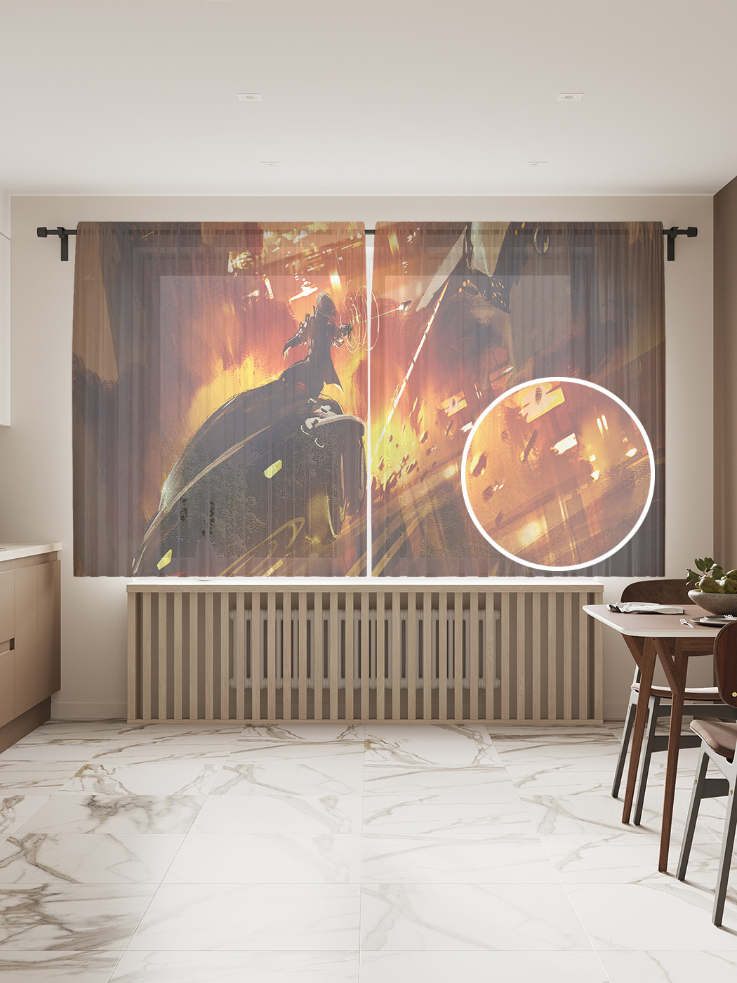 

Фототюль JoyArty "Фантастическая погоня", 145x180см (2 полотна с лентой + 50 крючков), Фантастическая погоня