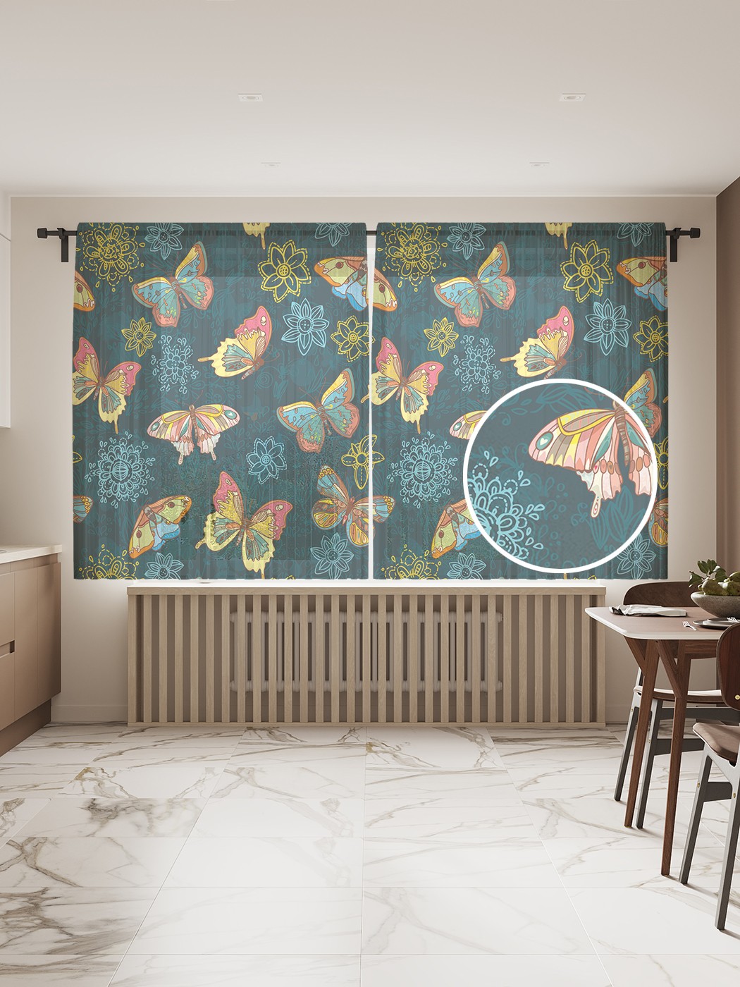 

Фототюль JoyArty "Луг бабочек", 145x180 см (2 полотна со шторной лентой + 50 крючков), Луг бабочек