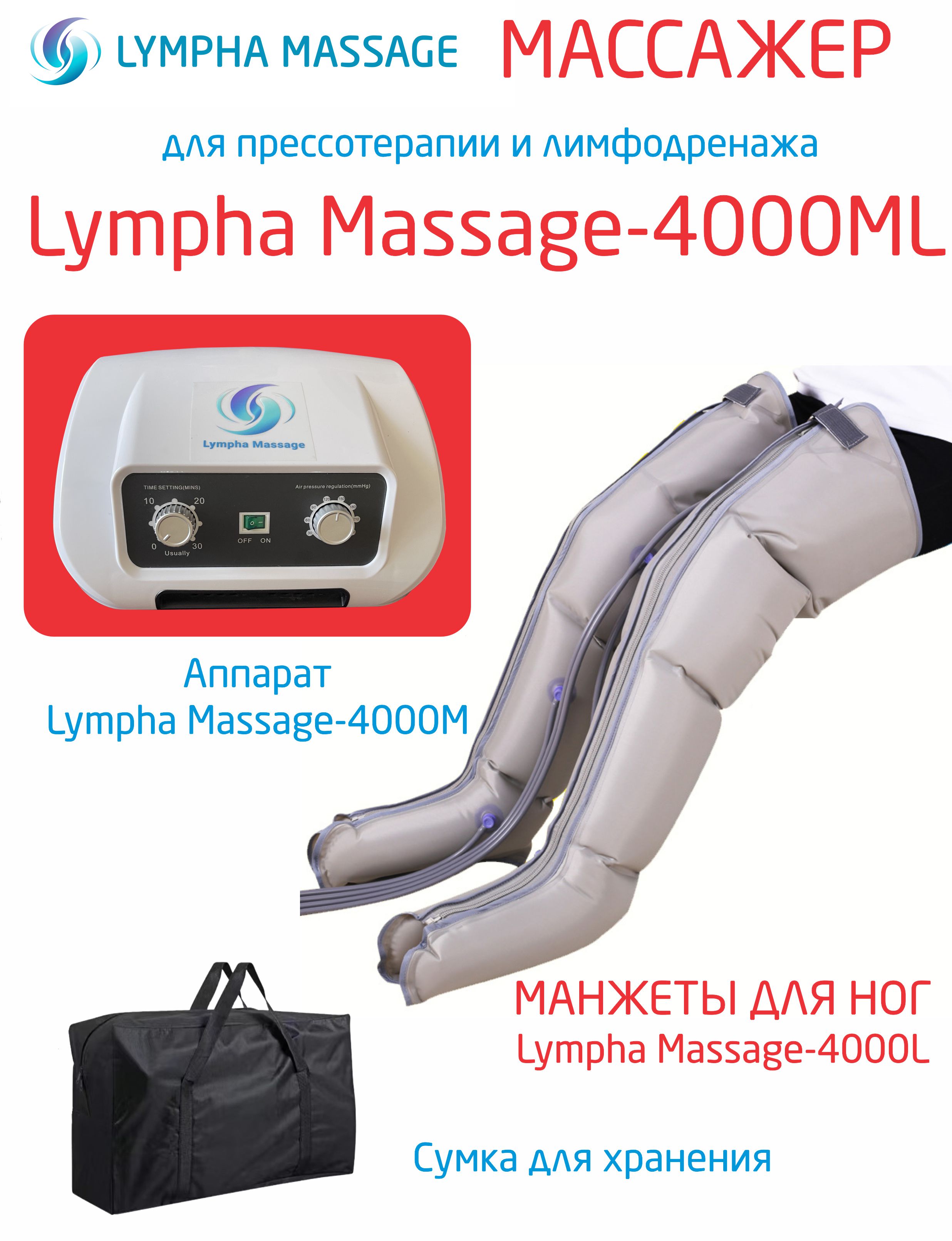 

Аппарат для прессотерапии и лимфодренажа Lympha Massage-4000M + 2 манжеты для ног+ сумка, Белый;разноцветный;серый, 4000ML