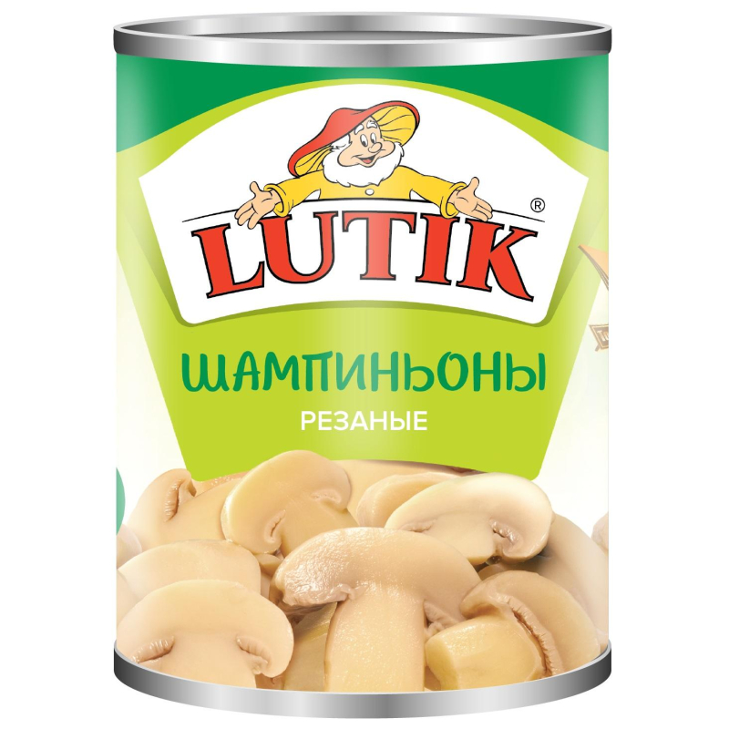 Грибы Lutik Шампиньоны резаные, ж/б, ключ, 425мл