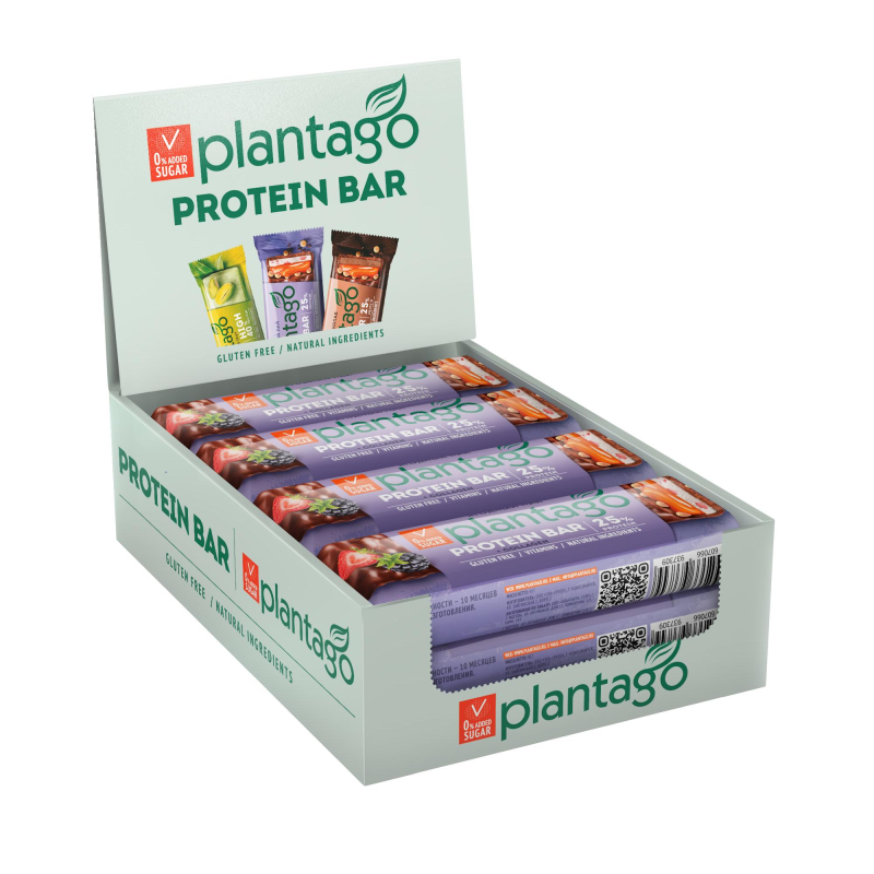 

Батончик Plantago Ягодный пай с выс.сод.бел.25%, кол.,вит.комп.,40гх12шт/уп