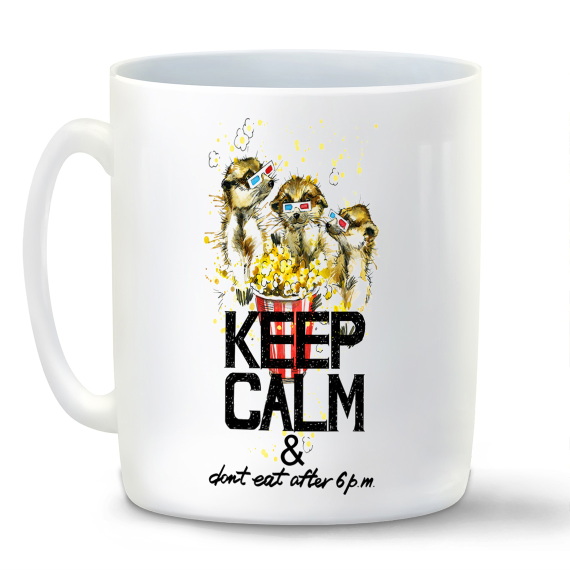 

Кружка CoolPodarok Краски Keep calm and dont eat after 6 pm Сурикаты и попкорн