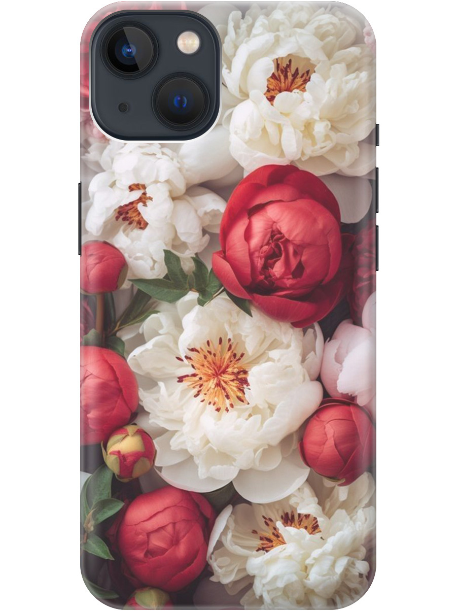 

Силиконовый чехол на Apple iPhone 14 с рисунком "Красно-белые пионы", Белый;красный, 20000132