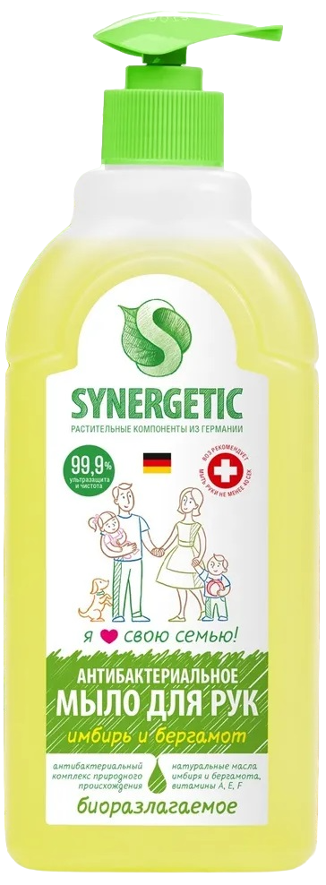

Мыло жидкое Synergetic «Имбирь и бергамот», гипоаллергенное, антибактериальное, 500 мл