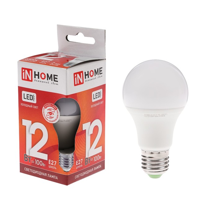 

Лампа светодиодная IN HOME LED-A60-VC, Е27, 12 Вт, 230 В, 6500 К, 1080 Лм