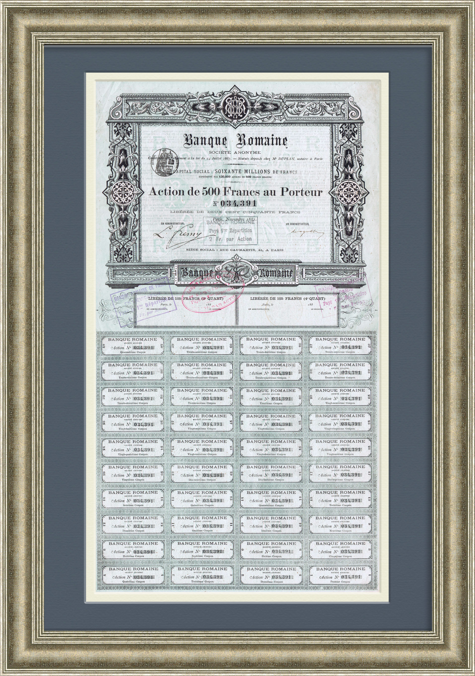 Акция банка 1881 года. Banque Romaine, привилегированная акция в 500 франков