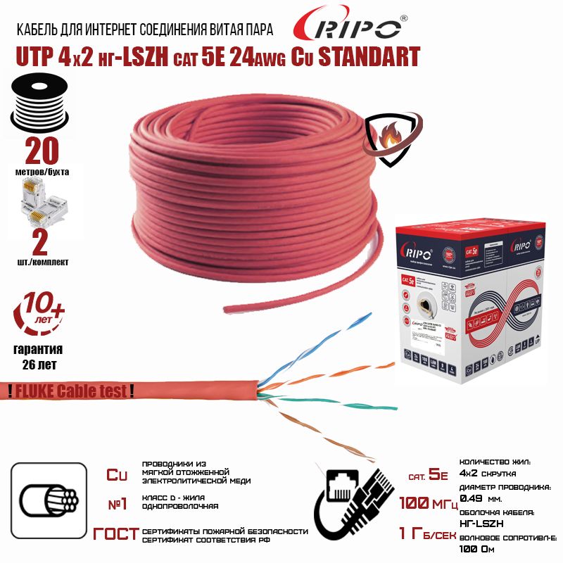 Сертифицированный интернет кабель Ripo негорючий (витая пара) Cu (медный) LAN U/UTP 20м. экранированный разъем под витую пару proconnect