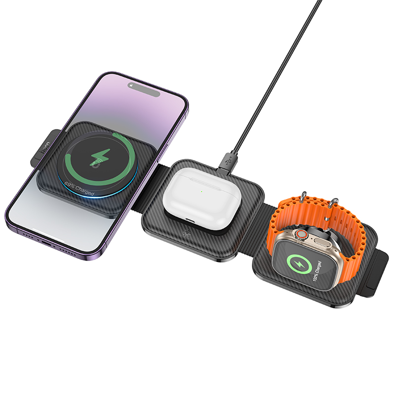 Беспроводное зарядное устройство, CQ4, HOCO, 3-в-1, часы+телефон+наушники, черный
