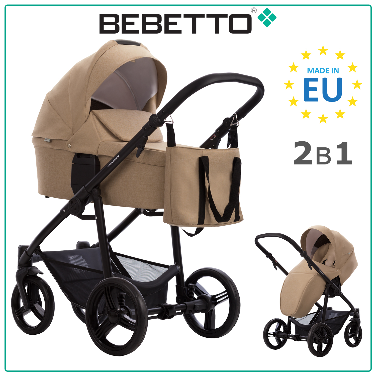 Детская коляска 2 в 1 Bebetto Explorer AIR LUX 07, бежевый, рама черная